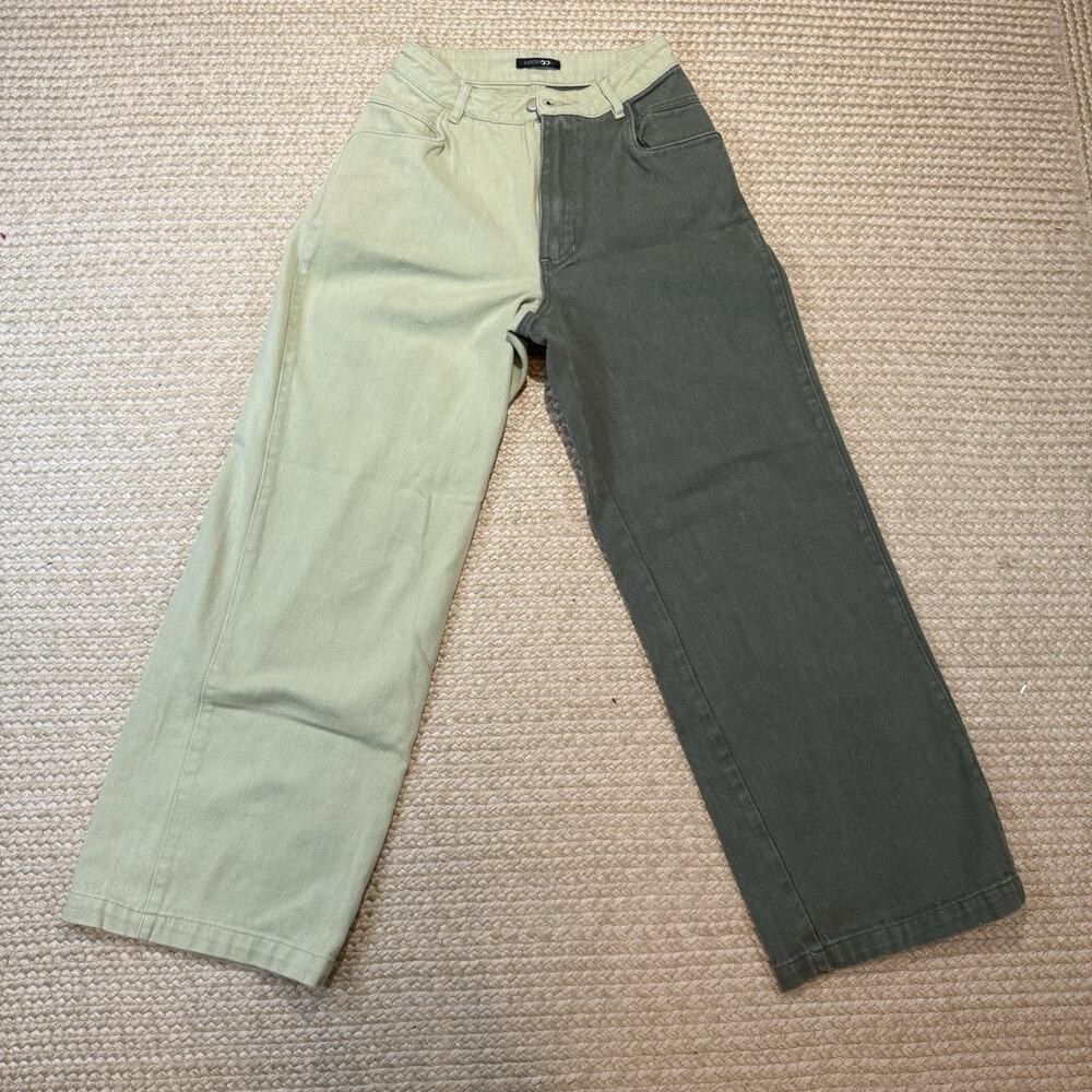 Papermoon Two Tone Split Leg Jeans High Waist Wide Leg Green 100% Cotton Size S